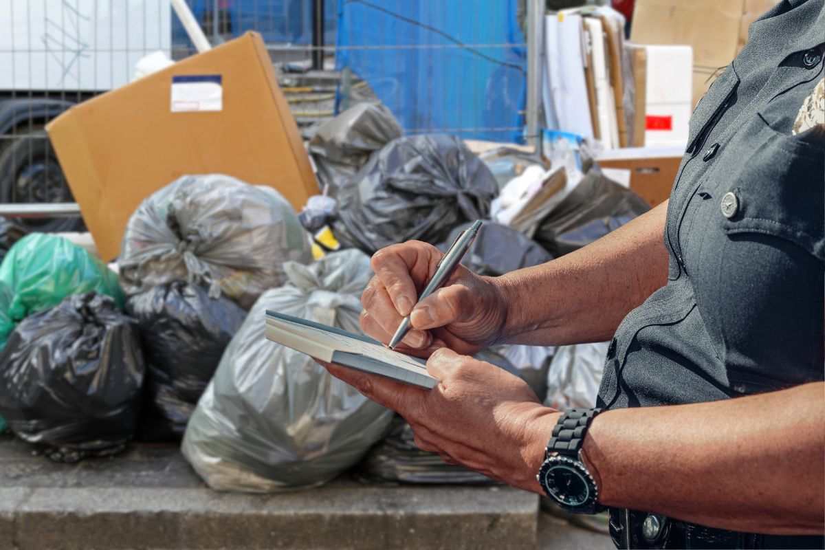 Funzionario scrive multa con spazzatura sullo sfondo