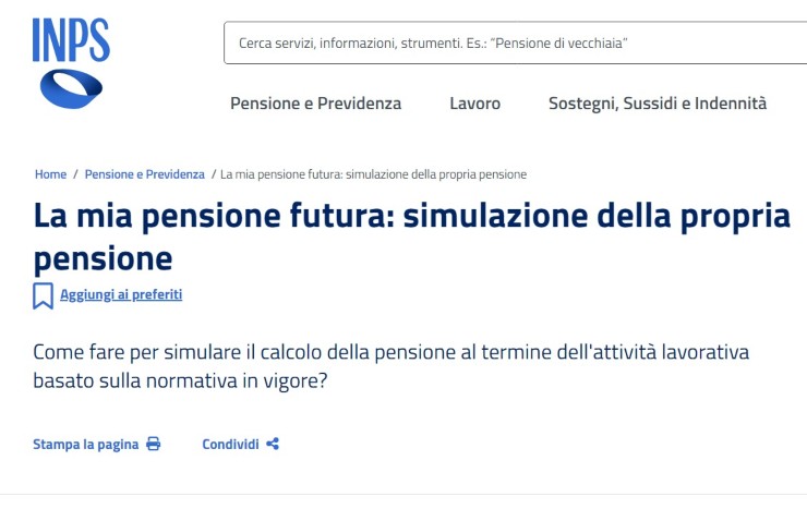 Pagina INPS simulatore pensione screen